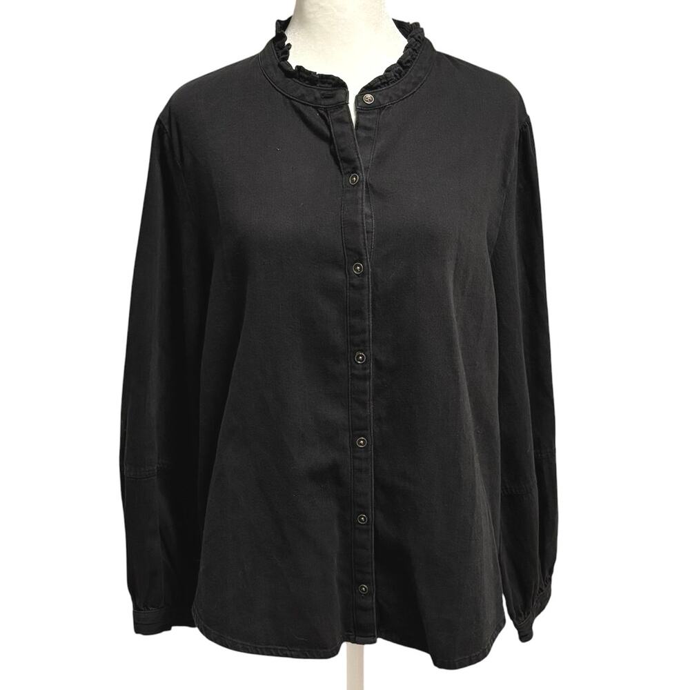 🌻2/$20 NEW Old Navy L Ruffle Neck Button Front Shirt Top Long Sleeve Wash Black